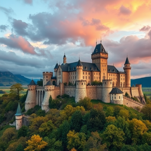 Capture a vibrant landscape of a medieval castle perched on a hill, showcasing intricate architectural details under a dramatic sky, using a DSLR camera with a wide-angle lens (24mm), f/8 aperture, ISO 200, and a shooting angle of 45 degrees to enhance depth and color saturation.