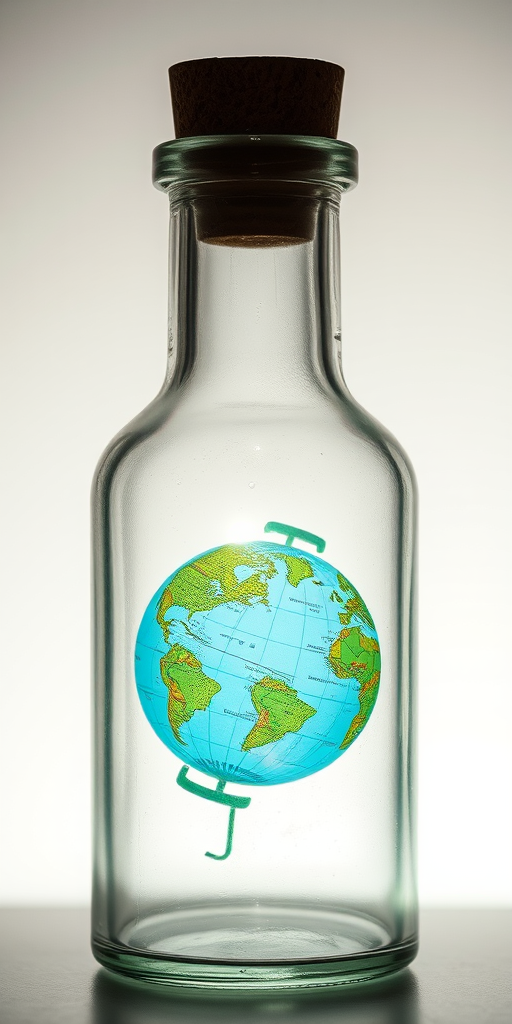 Capture a glass bottle with a cork, featuring a realistic globe inside, illuminated softly from the back, using a Canon EOS R5 at f/2.8, ISO 100, shutter speed 1/60s, in a studio setting with softbox lighting to enhance the clarity and color vibrancy of the scene.