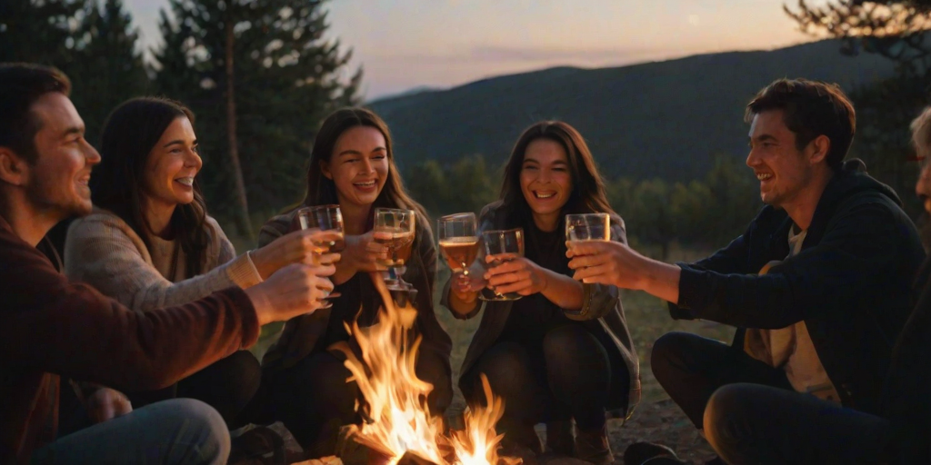 Blurry candid shot of a group of friends laughing and toasting drinks around a campfire, soft golden light from the flames casting long shadows, with stars twinkling in the night sky above.