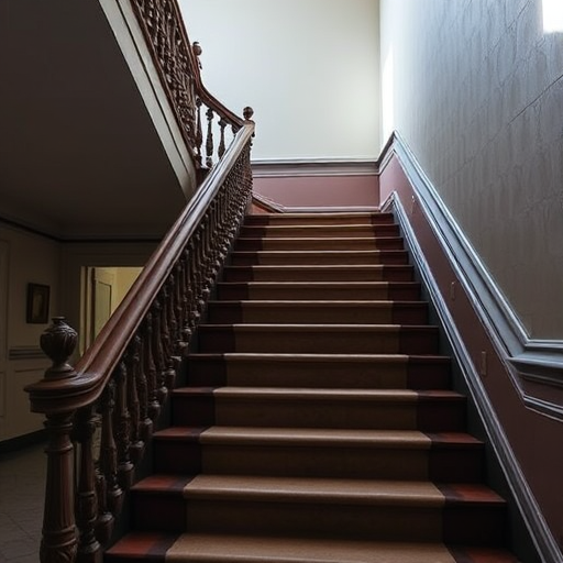 Create a highly detailed image of an elegant staircase with ornate railings, captured with a Canon EOS R5, 24mm lens, aperture f/8, ISO 100, in natural daylight, showcasing a sharp focus and wide-angle perspective.