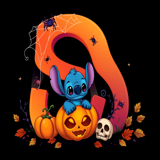 A whimsical and vibrant Halloween-themed digital illustration featuring the letter "S" adorned with spider webs, small bats, and cute spiders. At the base of the letter, a playful alien character similar to Stitch is peeking out from inside a carved pumpkin with glowing eyes, surrounded by additional pumpkins, a small skull, and autumn leaves. The letter is gradient-colored from orange to purple, adding a magical atmosphere to the scene, black background