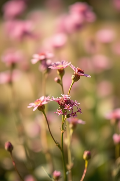 Regenerate an image of delicate pink wildflowers in soft focus against a blurred background, with a shallow depth of field, bright natural lighting, taken with a DSLR camera at f/2.8, ISO 100, 50mm lens, and a low angle view for enhanced detail and vibrancy.