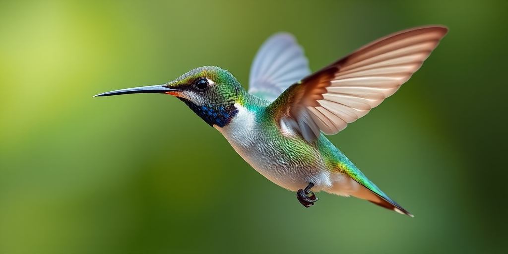 Create a high-resolution illustration of a hummingbird in flight, featuring vibrant green and blue gradients on the feathers, captured with a Canon EOS 5D Mark IV, at f/8 aperture, 1/1000 sec shutter speed, ISO 400, using a macro lens for detailed texture and color clarity, with a soft-focus background to emphasize the bird.