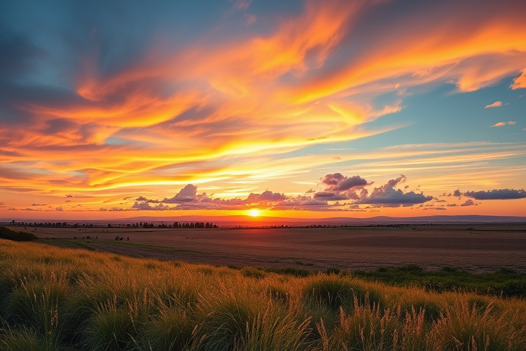 Generate a high-resolution image of a serene landscape at sunrise with vibrant colors and soft clouds, captured with a DSLR camera using a 24mm lens, aperture set to f/8, ISO 100, in landscape orientation, with a golden hour effect for enhanced light quality.