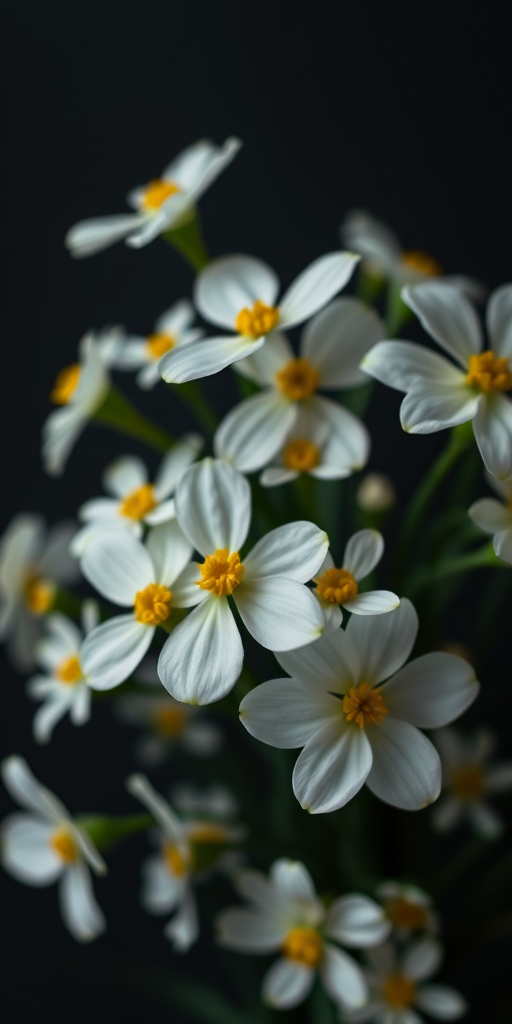 a vibrant arrangement of white flowers with yellow accents on a solid black background, shallow depth of field, f/2.8 aperture, 50mm lens, soft focus style, DSLR camera