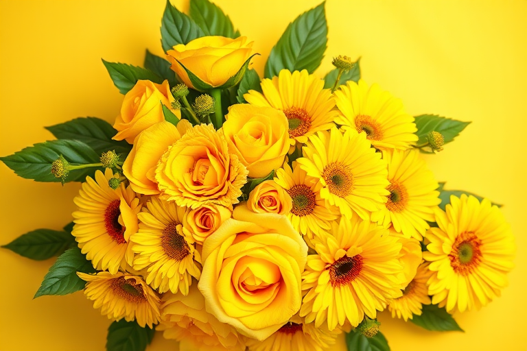 a vibrant bouquet of yellow flowers including roses and gerbera daisies arranged with green leaves on a soft yellow background, shot with a DSLR camera at f/2.8 aperture, 1/125s shutter speed, ISO 100, top-down view with a macro lens for enhanced detail and color saturation