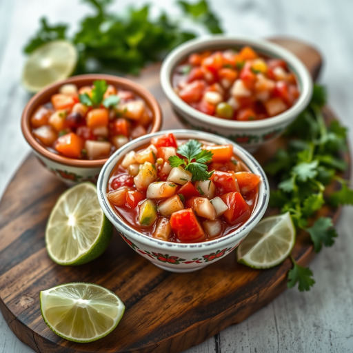 fresh salsa in decorative bowls on a rustic wooden board with sliced limes and fresh herbs, shallow depth of field, ISO 100, f/2.8, 50mm lens, natural light, DSLR camera, high-resolution photo