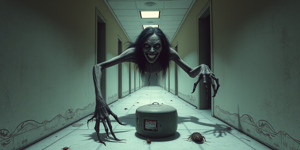 a crooked female with long arms and a creepy smile is crawling along a long white corridor and you can also see cockroaches in it there is a creepy atmosphere creepy art style