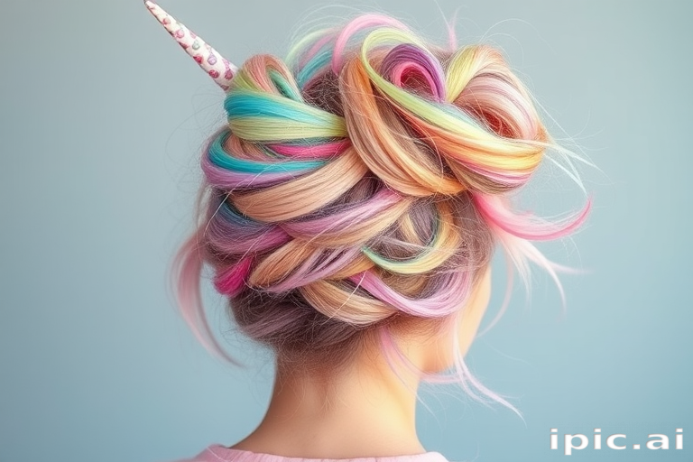 Whimsical pastel rainbow unicorn hair styled in a high messy bun with wispy tendrils, showcasing a kaleidoscope of soft hues blending seamlessly