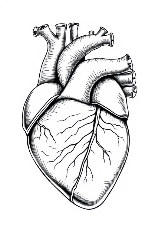 detailed anatomical illustration of a human heart, line art style, high contrast black and white, ISO 100, f/8 aperture, 50mm lens, centered composition, soft lighting for enhanced texture