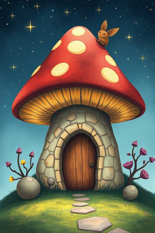create illustration of a mushroom house with a door and a window, a storybook , fantasy art, mushroom house, bg starry sky, sparkles