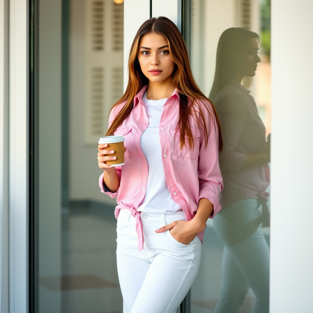 A young woman with long brown hair stands with her back against a glass door, wearing a pink button-down shirt over a white T-shirt and white pants, holding a cup of coffee in her right hand. The woman is looking directly at the viewer, her expression is neutral. Her right hand is tucked into the pocket of her pants while her left hand holds the coffee cup. The lighting is soft and natural, highlighting her features. The background is blurred, with the focus on the woman. The photo is taken from a slightly elevated perspective, showcasing the woman's full figure.