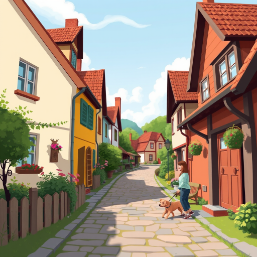 Generate a digital illustration of a quaint village scene with cartoon-style houses and a person walking a dog, using a wide-angle lens, f/8 aperture, ISO 200, 24mm focal length, and a soft focus effect to enhance colors and depth.