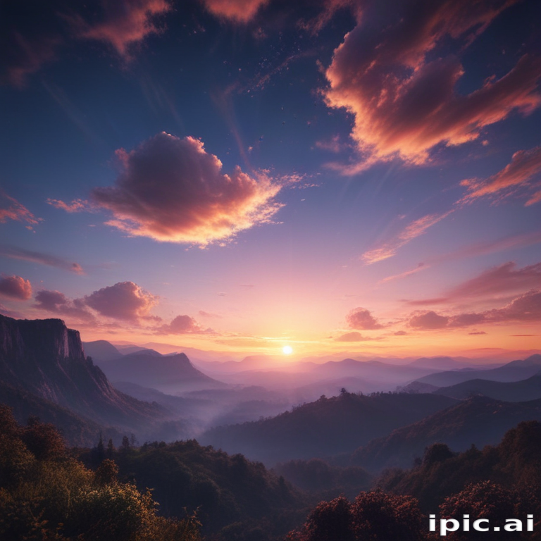 Serene Sunset Over Majestic Mountains with Vibrant Clouds and Tranquil ...
