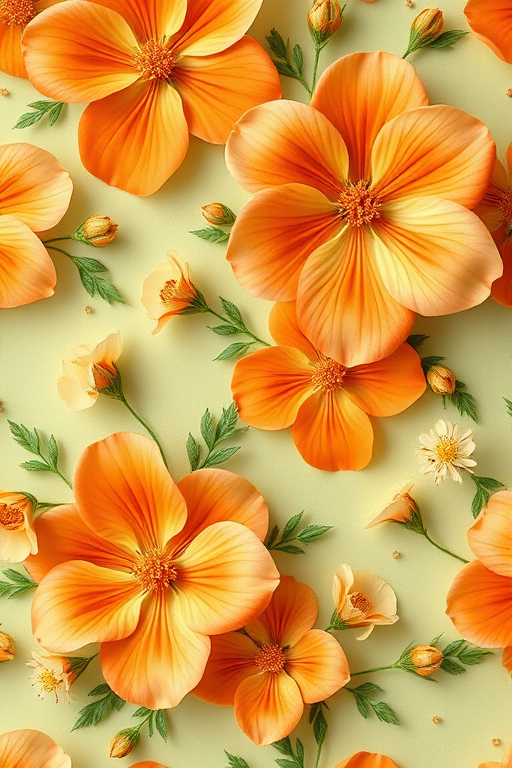 Create a repeating floral pattern with large orange and cream flowers, small green leaves, and delicate yellow and blue accents on a soft green background, captured in high resolution with a macro lens, f/2.8 aperture, 50mm focal length, natural light.