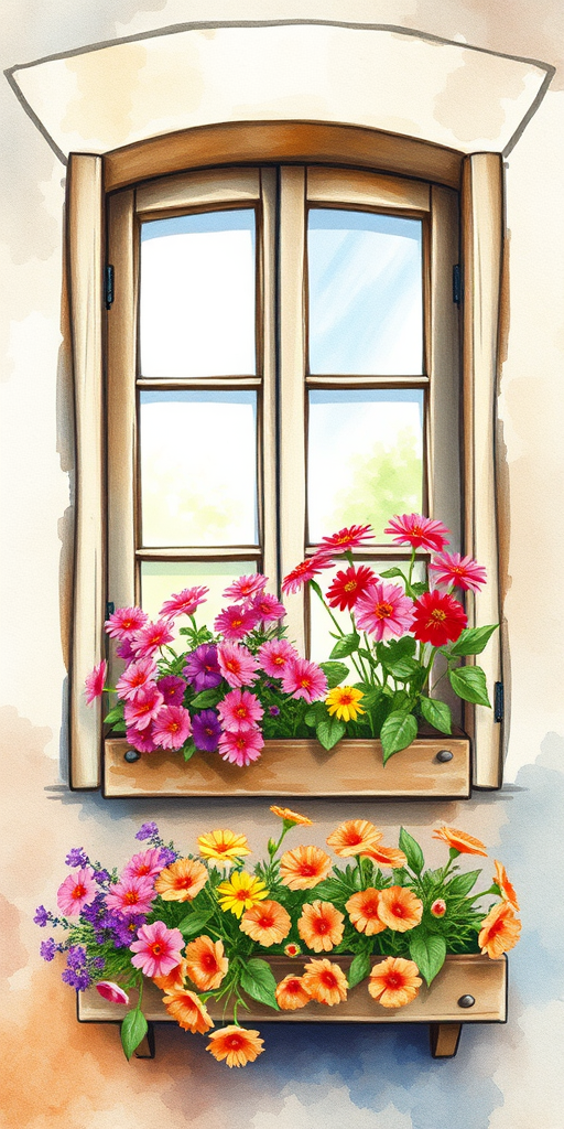 Create a detailed watercolor illustration of a rustic window with a flower box, featuring vibrant flowers, soft natural light, shot with a Canon EOS 5D Mark IV at f/8 aperture, ISO 200, 50mm lens, shallow depth of field, and a soft focus background for an artistic and dreamy effect.