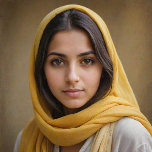 Create a portrait of a young Coptic woman with long, dark hair and captivating hazel eyes. She is wearing a Yellow headscarf and a matching scarf draped gracefully around her neck. The background is softly blurred, focusing attention on her serene and natural expression. The overall color palette is muted and warm, enhancing the intimate and authentic feel of the portrait.