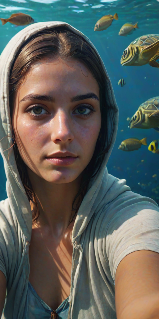 Realistic selfie image of a Chaldean, wearing a vintage outfit, detailed dreamy eyes, droopy hooded eyes, staring at the camera, taken underwater at coral reef with a sunbeam filtering through the water, vibrant, summer vacation, natural lighting, turtle and school of tropical fish with vibrant colors, rendered in the style of CryEngine, Pegi Nicol MacLeod, with realistic genre scenes, hauntingly beautiful narratives, ultra-realism, and Thomas Saliot's close-up technique, 8K resolution, crystal clear and sparkling water.