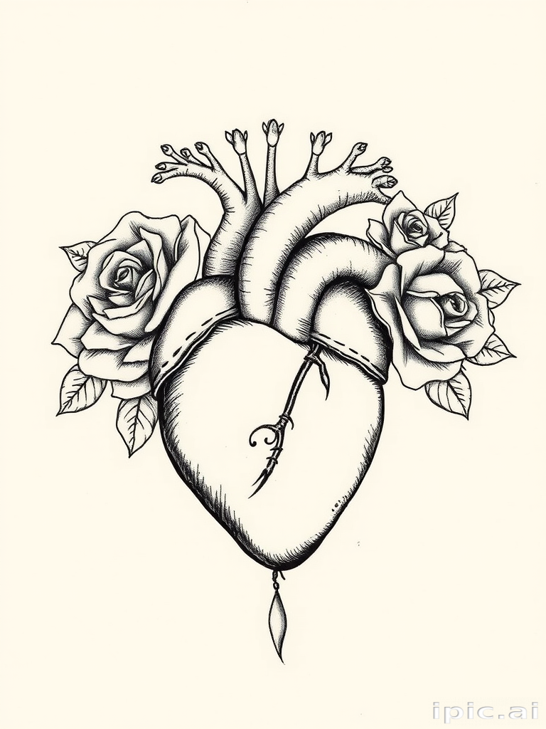 Vintage etching-style tattoo showcasing a detailed anatomical heart intertwined with blooming roses, rendered in fine line work and subtle shading for a timeless monochromatic piece