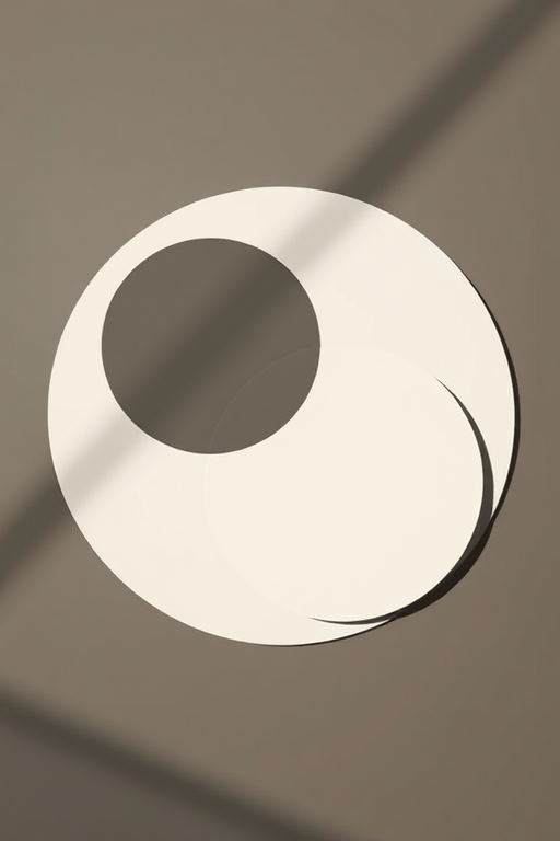 Create a high-resolution vector image of a minimalist abstract design featuring two overlapping circles in a monochromatic color scheme, shot with a Canon EOS R5 at f/8, ISO 100, 50mm lens, using a flat lay perspective and natural lighting for enhanced clarity.