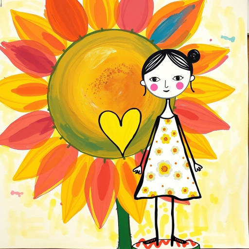 Stylized impressionism painting of a large sunflower with an oversized center and colorful petals. Beside, a young female character with eyes represented by dots and a mouth by a line, pink cheeks, hair attached, arms and legs a black line, flowery white dress triangle shape. A yellow heart surrounded by a black line between the two. Textured background with touches of colorful paint. Childish style.