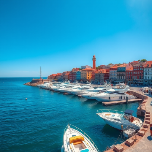 generate a vibrant coastal marina scene with a clear blue sky, featuring a lighthouse, yachts docked at the harbor, and colorful buildings, captured with a Canon EOS R5 at f/8, 1/200s, ISO 100, wide-angle lens, in bright daylight with crisp details and vivid colors.