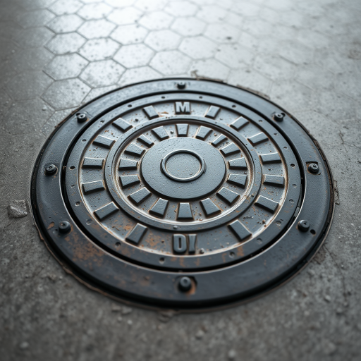 Generate a high-resolution 3D rendering of a round manhole cover on a textured concrete surface, using a DSLR camera with a 50mm lens, aperture set to f/8, ISO 100, and a focal length of 50mm, captured from a low angle to emphasize depth and detail.