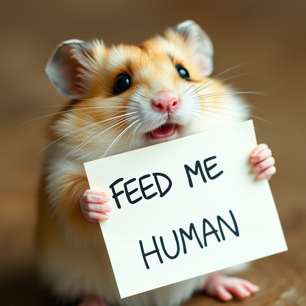 hamster holding a note which says "FEED ME HUMAN"