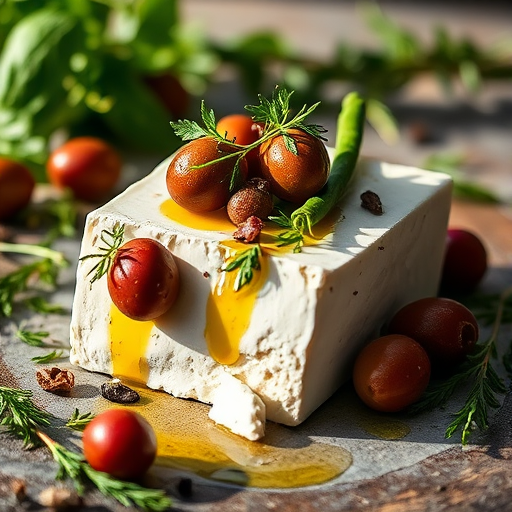 Create a vibrant food still life featuring a block of feta cheese topped with fresh herbs, olives, and a drizzle of olive oil, shot with a Canon EOS R5 at f/2.8, 1/125s, ISO 200, from a 45-degree angle, using natural light for soft shadows and enhanced texture.