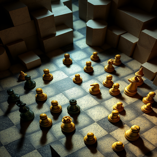 create a hyper-realistic image of a surreal chess scene with chess pieces scattered on a 3D checkerboard background, using a Canon EOS R5 camera, 24mm lens, f/8 aperture, ISO 100, 1/125 second shutter speed, aerial view, artistic lighting for enhanced depth and shadows