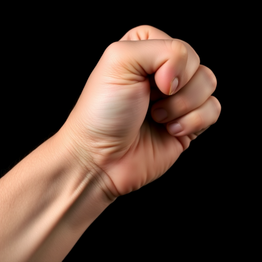 A close-up of a human fist raised in a powerful gesture, high resolution, focus on details, 50mm lens, f/2.8 aperture, 1/200 sec shutter speed, soft studio lighting, black background.