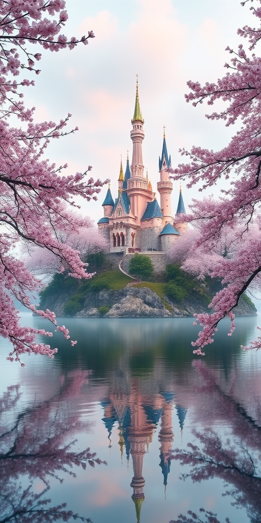 Generate a vibrant fantasy castle on an island surrounded by cherry blossom trees, soft pastel colors with a serene lake in the foreground, use a Canon EOS R5, 24mm lens, f/8 aperture, 1/250s shutter speed, ISO 100, and a wide-angle view for enhanced image quality.