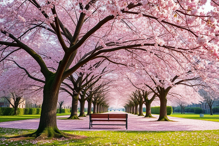 Capture a vibrant spring scene of cherry blossom trees in full bloom, featuring a park bench under the pink canopy, with a shallow depth of field, using a Canon EOS R5 with a 24-70mm f/2.8 lens at ISO 100, f/4, and 1/200 sec, taken from eye level with a wide-angle perspective to emphasize the abundance of flowers and greenery.