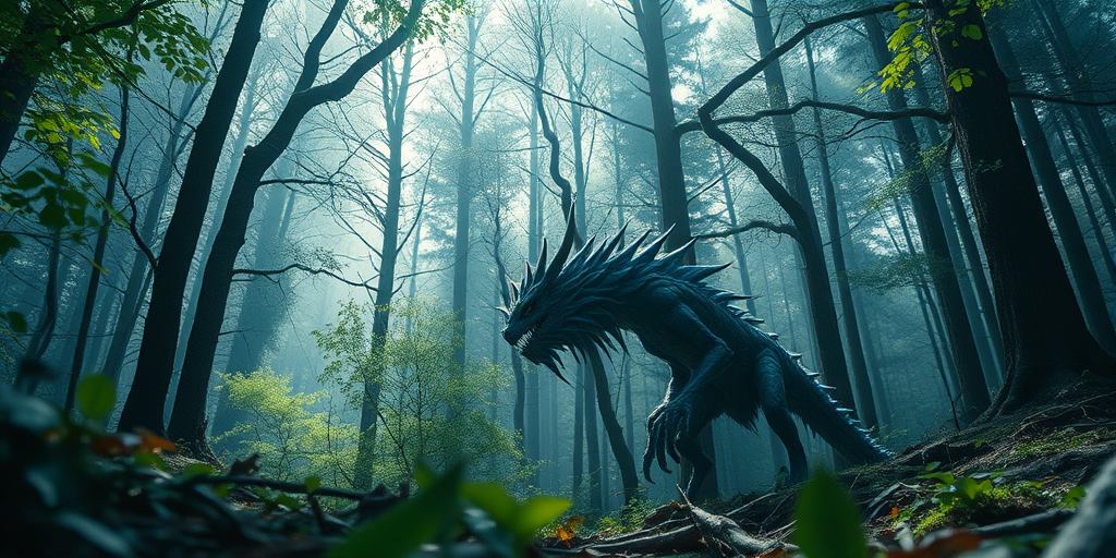 Create an intricate, high-resolution digital illustration of a mythical creature in a lush forest setting, using a Canon EOS R5 with a 24-70mm f/2.8 lens, ISO 100, aperture f/4.0, shutter speed 1/125s, shot from a low angle for depth and dramatic lighting.