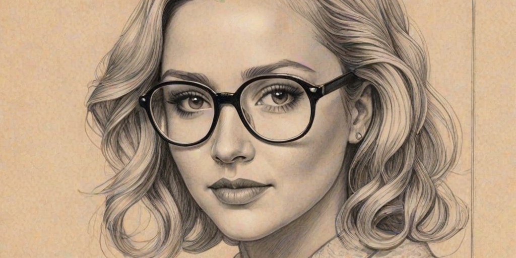 Beauteous Amanda Bynes, pencil sketch, portrait of Magnificent woman 1930s in glasses, hair style beatnik, outline, clear lines, fine lines, 8k