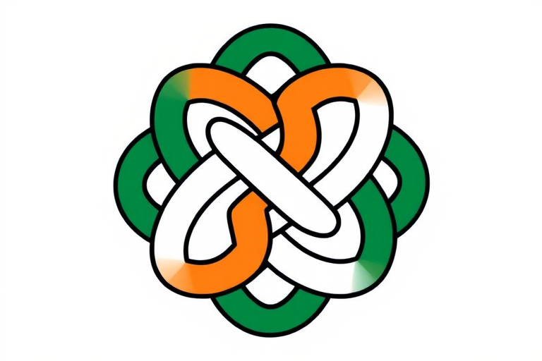 create a highly detailed vector image of a Celtic knot with intertwined loops in green, orange, and white, with a transparent background, using a Canon EOS R5 with an aperture of f/8, ISO 100, a focal length of 50mm, and a depth of field effect to enhance clarity and sharpness