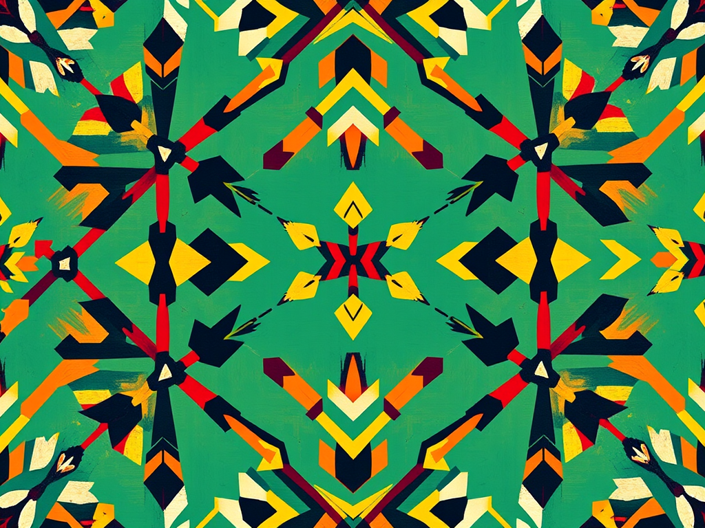 Create a vibrant geometric pattern with tribal motifs and colorful arrows, using a high-resolution digital format, shot from a top-down perspective, employing a DSLR camera with a 50mm lens, f-stop at 2.8, ISO 100, and natural lighting to enhance color saturation and detail.