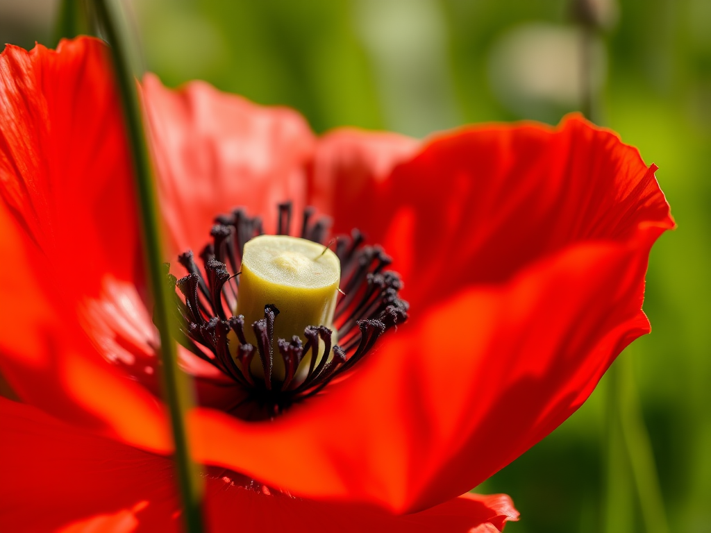 Regenerate the image of a vibrant red poppy flower with intricate details, using a Canon EOS 5D Mark IV, 50mm f/1.8 lens, aperture f/2.8, ISO 200, in natural daylight, with a shallow depth of field to emphasize the flower's textures and colors.