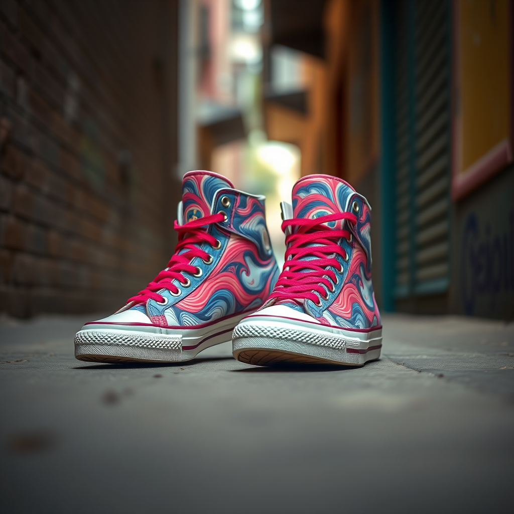 capture a pair of uniquely designed high-top sneakers featuring vibrant wave patterns in an urban alley setting with natural lighting, ISO 200, f/2.8, 1/250 sec, 24mm lens, DSLR, shallow depth of field to emphasize the shoes and blur the background