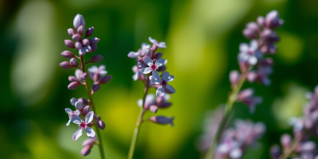 regenerate an image of delicate purple flowers with a blurred green background, using a 50mm lens at f/2.8, ISO 100, shutter speed 1/200s, in a macro photography style with natural light, DSLR camera type