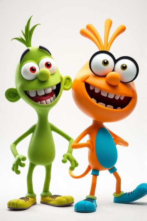 create a high-resolution 3D rendering of two cartoon characters, one green and one orange, with exaggerated facial expressions and playful postures, shot with a Canon EOS 5D Mark IV, 50mm lens, f/2.8, ISO 100, in bright studio lighting, with a slight vignette effect to enhance focus on the characters.