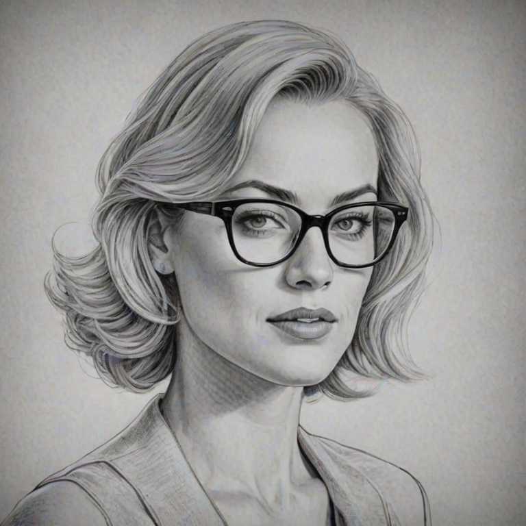Exquisite Yvonne Strahovski, pencil sketch, portrait of Alluring woman 1934s in glasses, hair style beatnik, outline, clear lines, fine lines, 8k