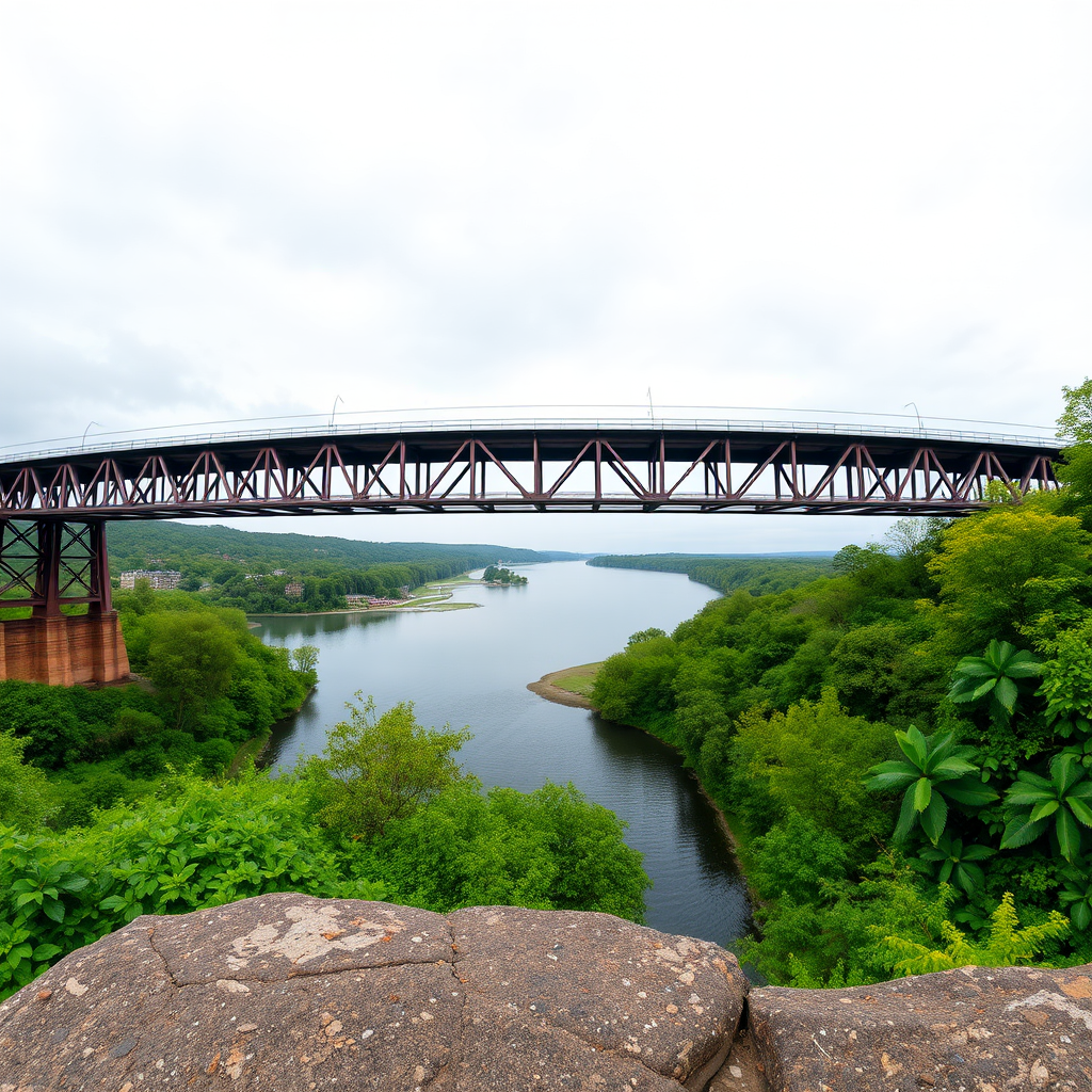 Capture a panoramic view of a river with a steel bridge in the foreground, overcast skies, vibrant greenery along the riverbanks, medium depth of field, ISO 100, f/8 aperture, 1/250 sec shutter speed, shot with a DSLR camera using a wide-angle lens.