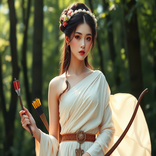 Create a portrait of a goddess-like Chinese girl figure in a tranquil, forested environment. She has an elegant appearance with long, wavy hair styled in an updo and adorned with a delicate, floral headband. She wears a flowing, ancient Greek-inspired gown in a soft, pale color, featuring a one-shoulder design and draped fabric that accentuates her graceful form. The outfit includes a decorative belt with ornate gold detailing, and she holds a bow in her hand, with a quiver of arrows slung over her shoulder. The background depicts lush greenery, with sunlight filtering through the trees, casting a gentle, ethereal light on the scene. Her expression is calm and contemplative, embodying a sense of wisdom and serenity.
