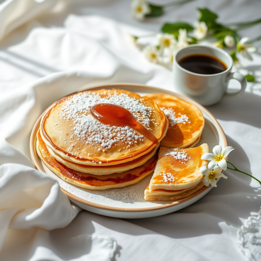 A beautifully arranged breakfast scene with fluffy pancakes dusted with powdered sugar, a cup of black coffee, and delicate white flowers on a soft, white fabric background, shot with a Canon EOS R5, 50mm lens, f/1.8 aperture, ISO 100, and natural light for bright, soft shadows.
