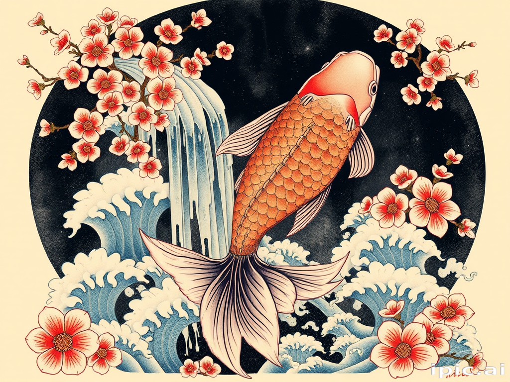 Japanese-inspired irezumi tattoo named "Koi Ascension" with a large, flowing koi fish swimming up a cascading waterfall, surrounded by cherry blossoms and waves, ideal for a full back or sleeve design