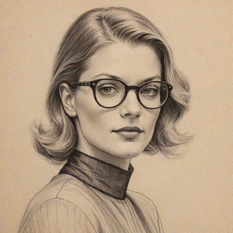 Elegant Ivana Milicevic, pencil sketch, portrait of Comely woman 1930s in glasses, hair style beatnik, outline, clear lines, fine lines, 8k