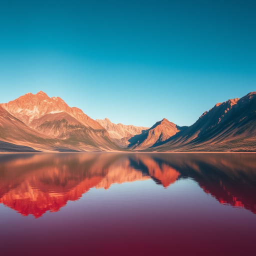 Landscape photograph of a reddish lake reflecting mountains under a blue sky taken with a Canon EOS R5, 24mm f/1.4 lens, ISO 100, f/8, 1/250s, using a wide-angle perspective to capture the expansive scenery and enhance details in the reflections.
