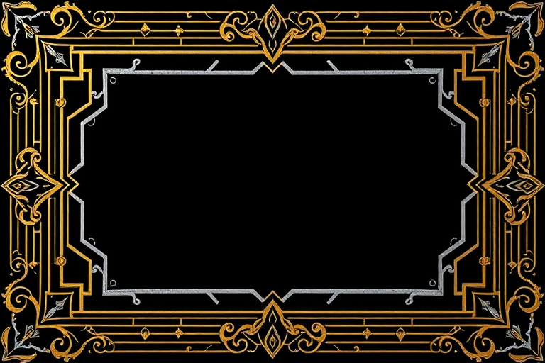 Create an ornate art deco frame design with intricate golden and silver geometric patterns on a black background, captured with a DSLR camera at f/2.8, ISO 100, 50mm lens, overhead view, using natural lighting for enhanced detail and contrast.