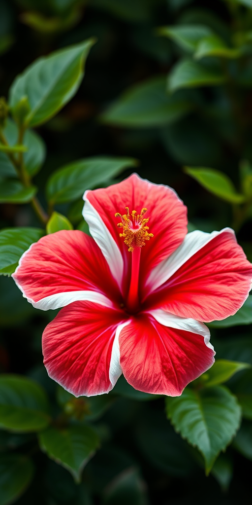 Create an image of a hibiscus flower with vibrant red and white petals, set against lush green leaves, captured with a macro lens at f/2.8 aperture, ISO 100, and a focal length of 50mm, using a DSLR camera to enhance detail and color saturation.